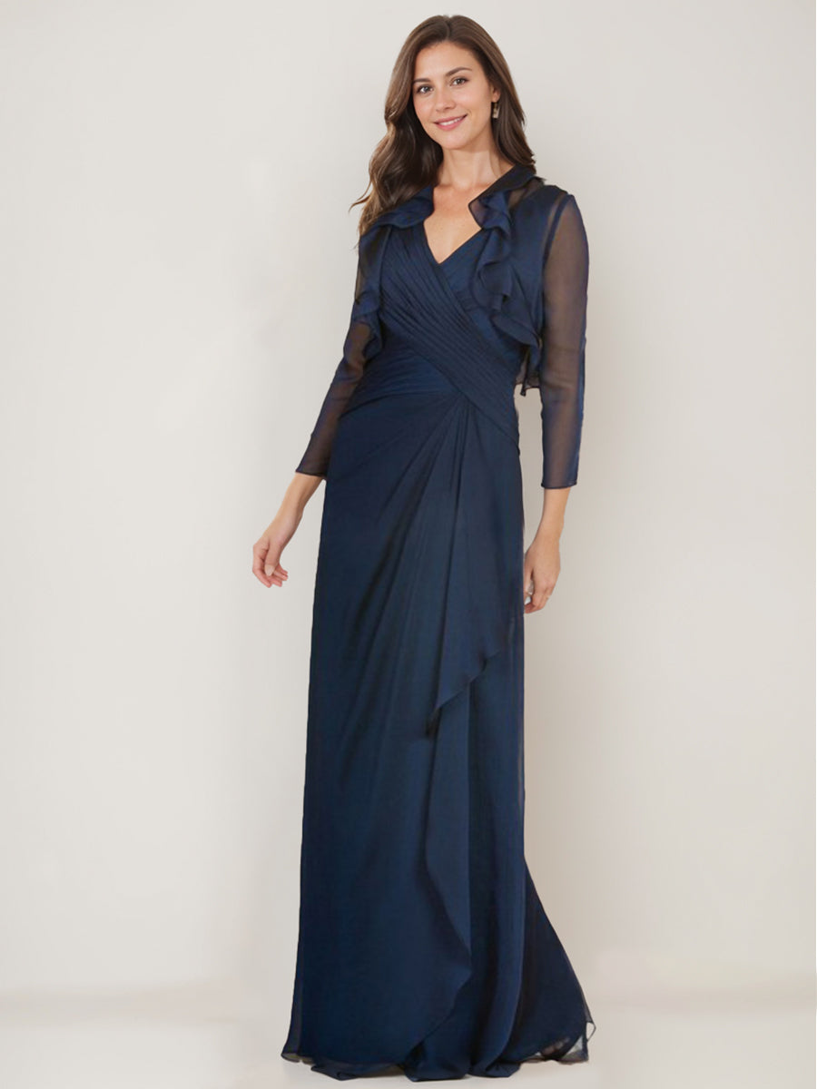 V-Neck 3/4 Sleeve Sheath/Column Mother of the Bride Dress with Ruffles and Jacket