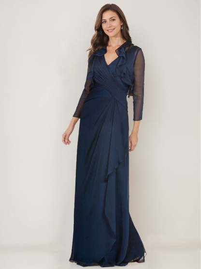 V-Neck 3/4 Sleeve Sheath/Column Mother of the Bride Dress with Ruffles and Jacket