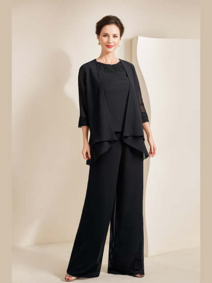 Mother of the Bride Black Chiffon Pantsuit with 3/4 Sleeves Scoop Neck Appliques and Jacket