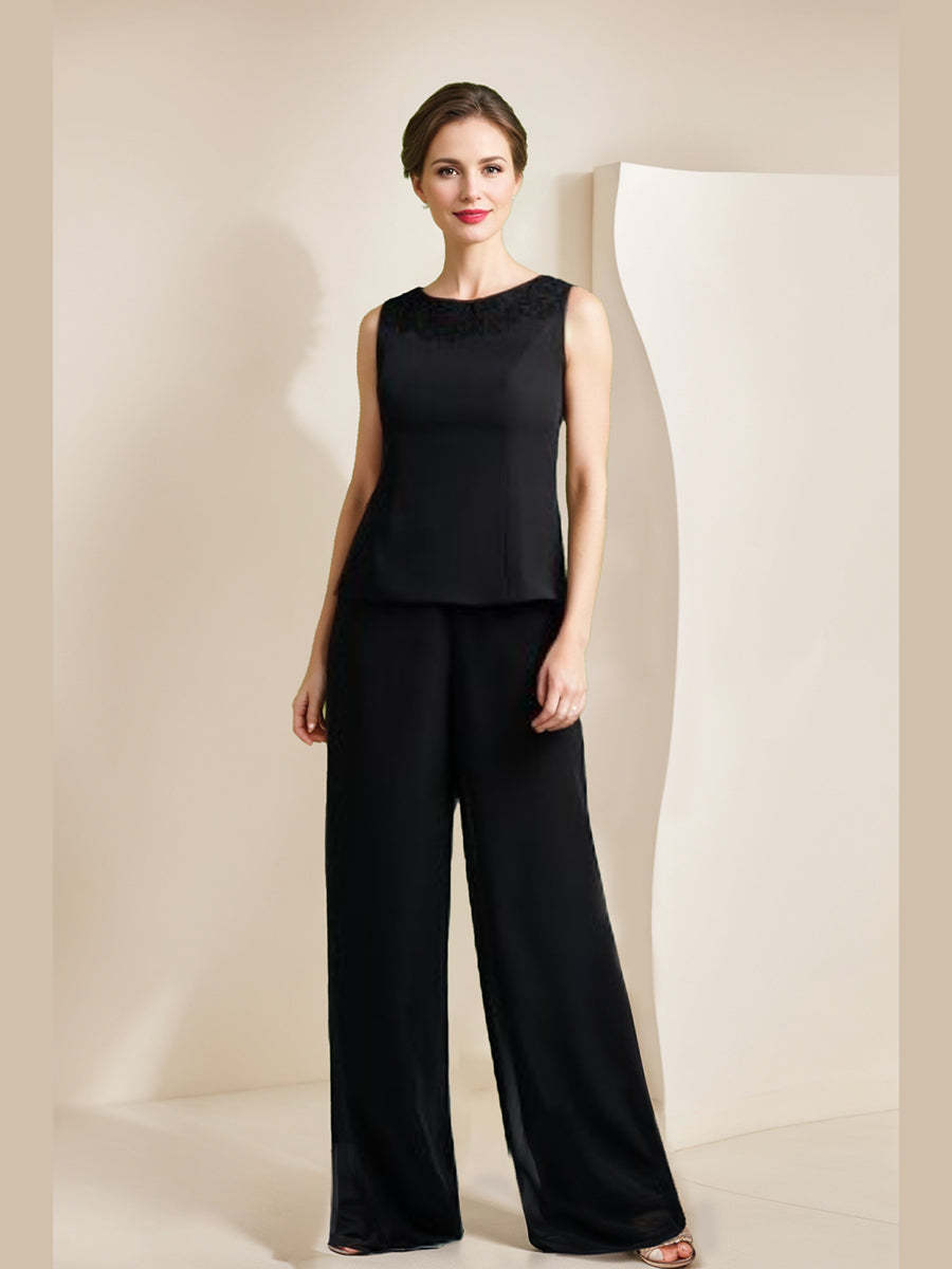 Mother of the Bride Black Chiffon Pantsuit with 3/4 Sleeves Scoop Neck Appliques and Jacket