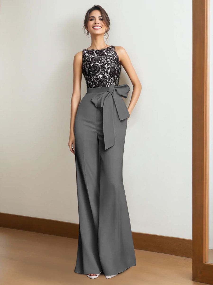 Satin 2-Piece Mother of the Bride Pantsuit with Lace Appliques & Bow Floor-Length and Sleeveless