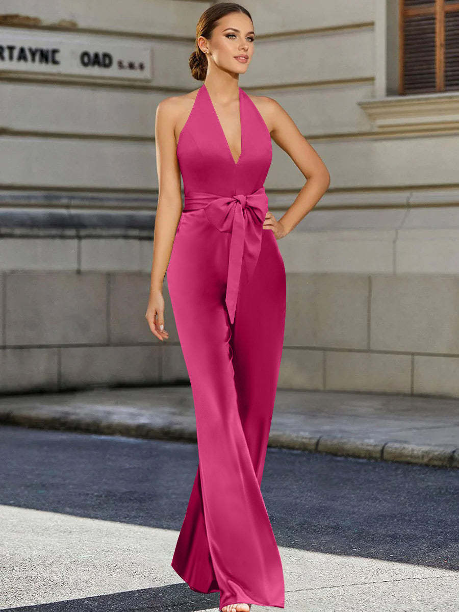 V-Neck Sleeveless 2-Piece Floor-Length Pantsuit for the Mother of the Bride Featuring a Bow Belt