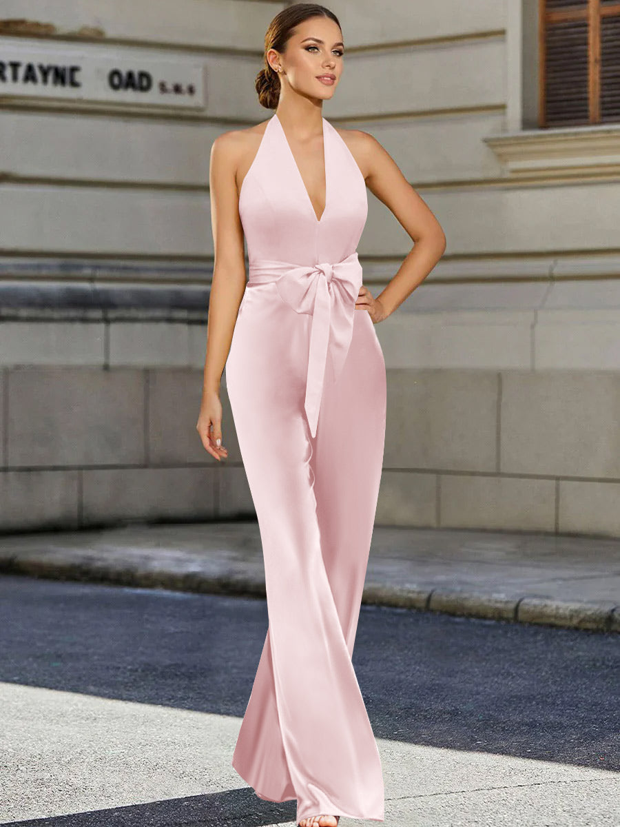 V-Neck Sleeveless 2-Piece Floor-Length Pantsuit for the Mother of the Bride Featuring a Bow Belt