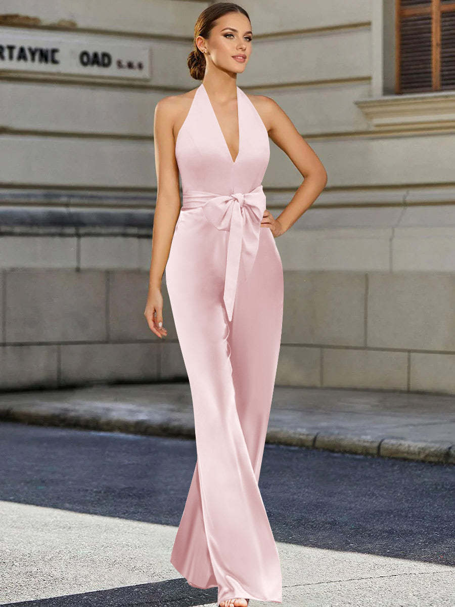 V-Neck Sleeveless 2-Piece Floor-Length Pantsuit for the Mother of the Bride Featuring a Bow Belt