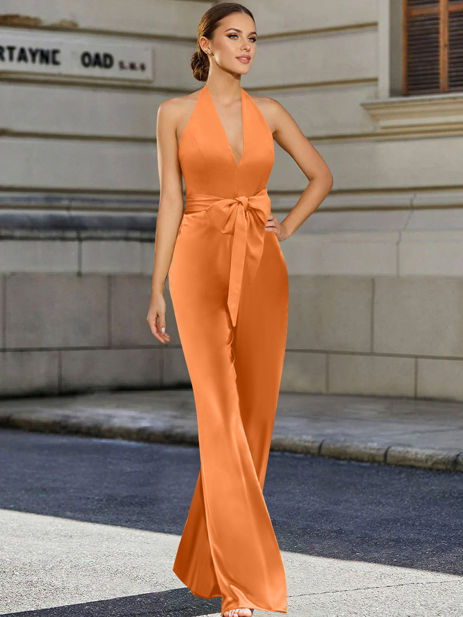 V-Neck Sleeveless 2-Piece Floor-Length Pantsuit for the Mother of the Bride Featuring a Bow Belt