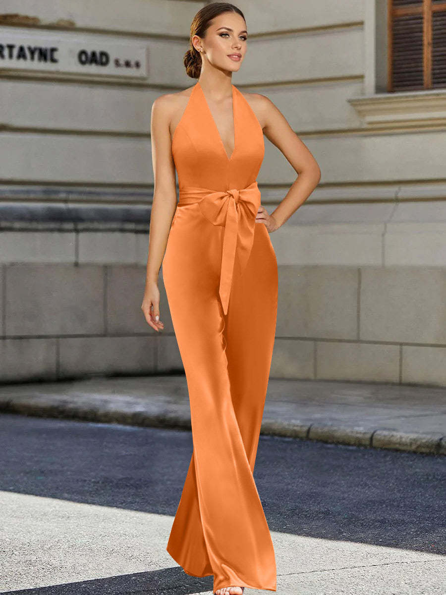 V-Neck Sleeveless 2-Piece Floor-Length Pantsuit for the Mother of the Bride Featuring a Bow Belt