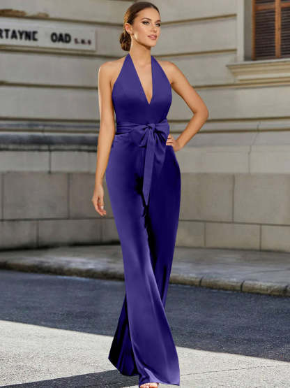 V-Neck Sleeveless 2-Piece Floor-Length Pantsuit for the Mother of the Bride Featuring a Bow Belt