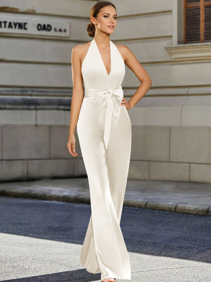 V-Neck Sleeveless 2-Piece Floor-Length Pantsuit for the Mother of the Bride Featuring a Bow Belt