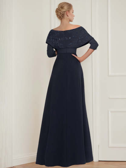 Mother of the Bride Off-the-Shoulder Pantsuit with 3/4 Sleeves Appliques and Belt