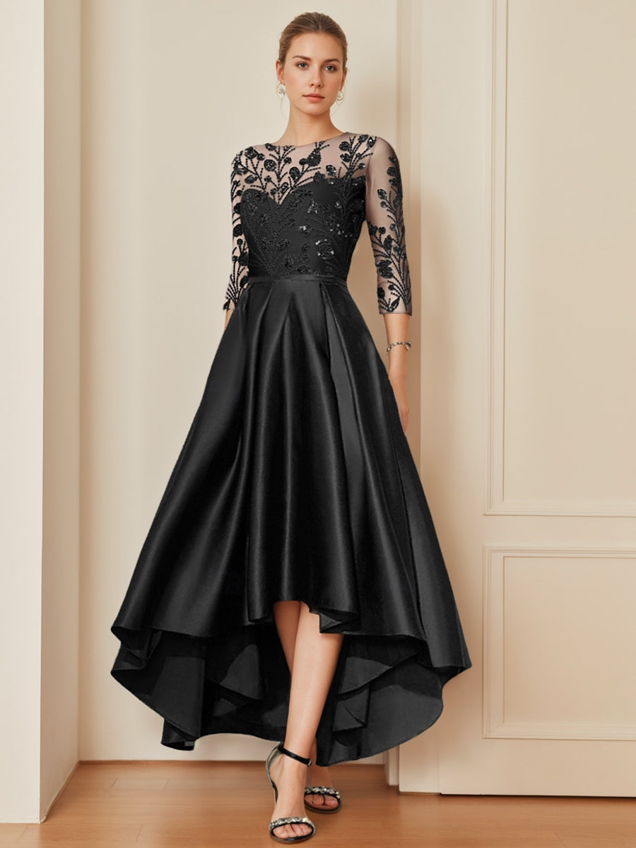 Mother of the Bride A-Line Princess Dress with Scoop Neck 3/4 Sleeves and Asymmetrical Appliques