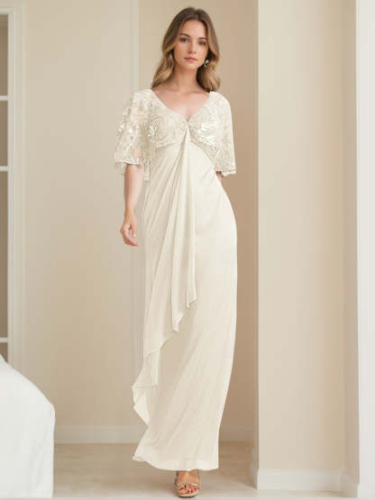 Elegant V-Neck A-Line Mother of the Bride Dress with Appliques Ankle-Length