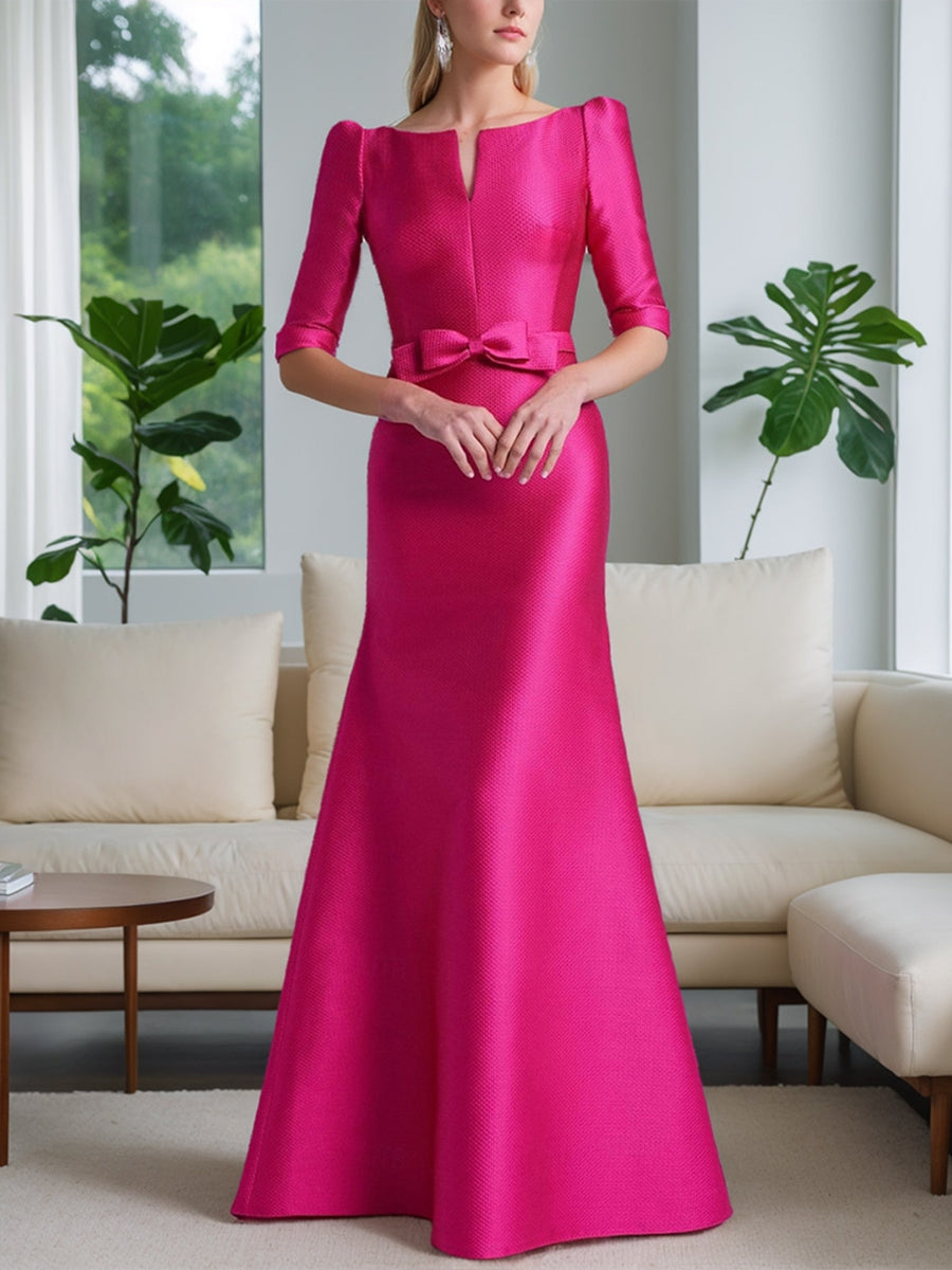 Mother of the Bride A-Line Princess Dress with Scoop Neck Half Sleeves and Bow Belt