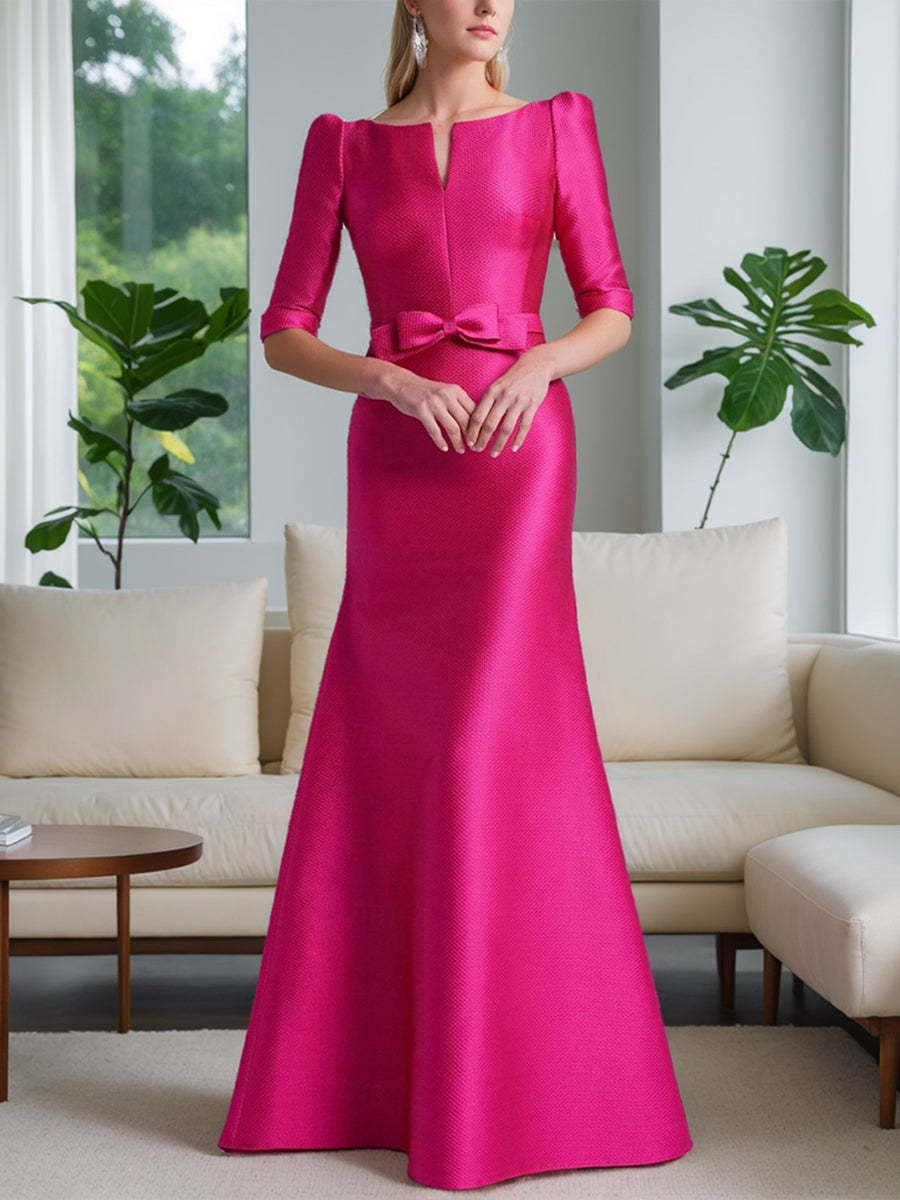 Mother of the Bride A-Line Princess Dress with Scoop Neck Half Sleeves and Bow Belt