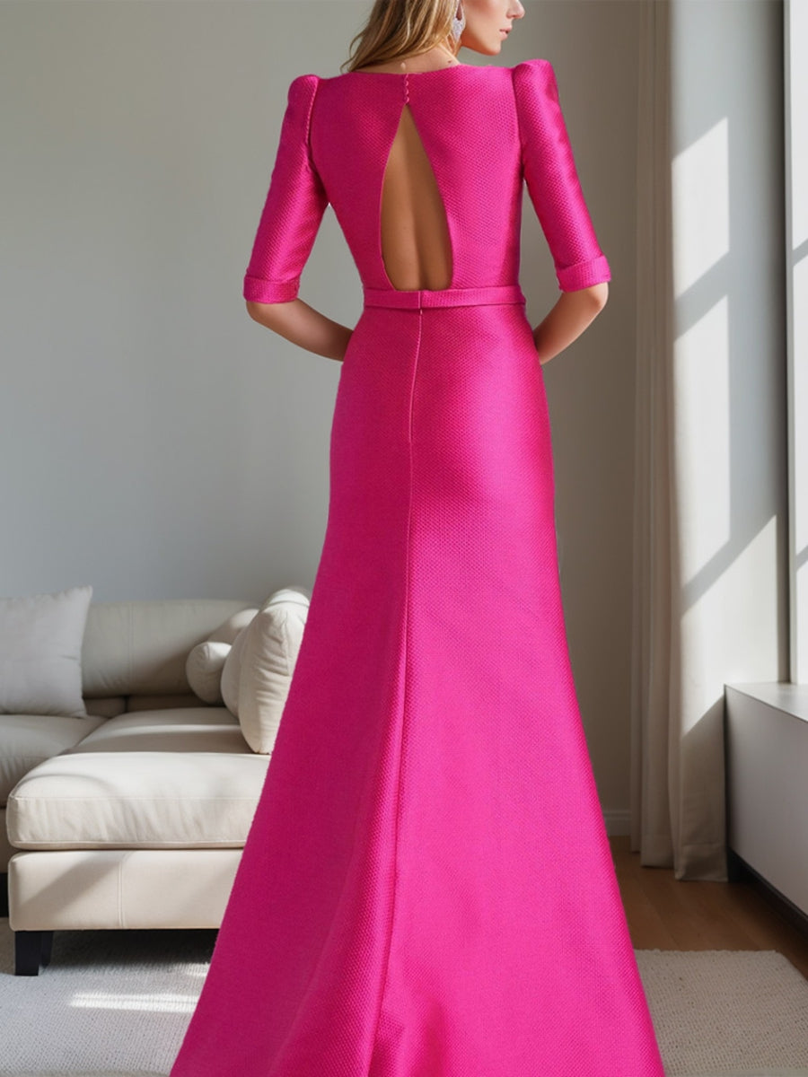 Mother of the Bride A-Line Princess Dress with Scoop Neck Half Sleeves and Bow Belt