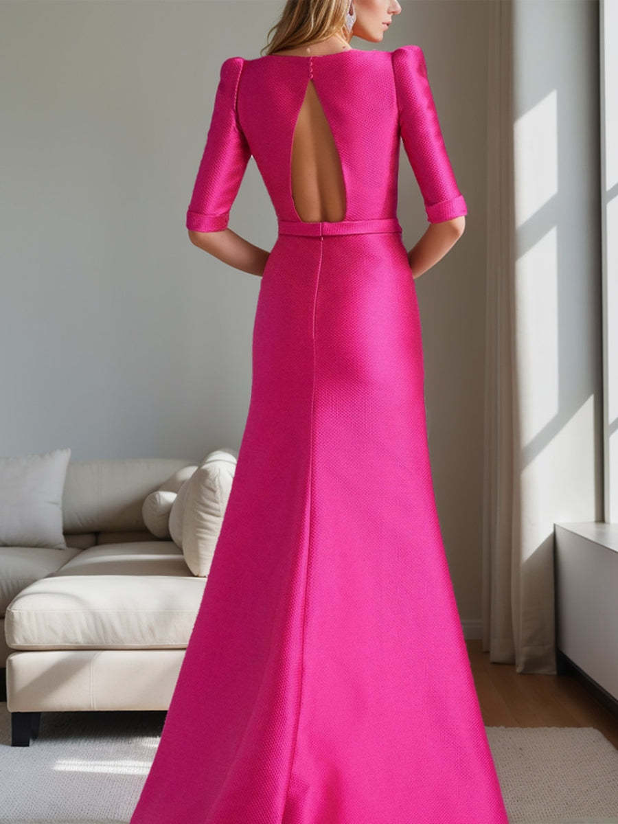 Mother of the Bride A-Line Princess Dress with Scoop Neck Half Sleeves and Bow Belt