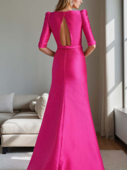 Mother of the Bride A-Line Princess Dress with Scoop Neck Half Sleeves and Bow Belt