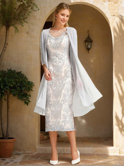 Elegant Two-Piece Sheath Dress with Lace Appliques and Beadings for the Mother of the Bride or Groom