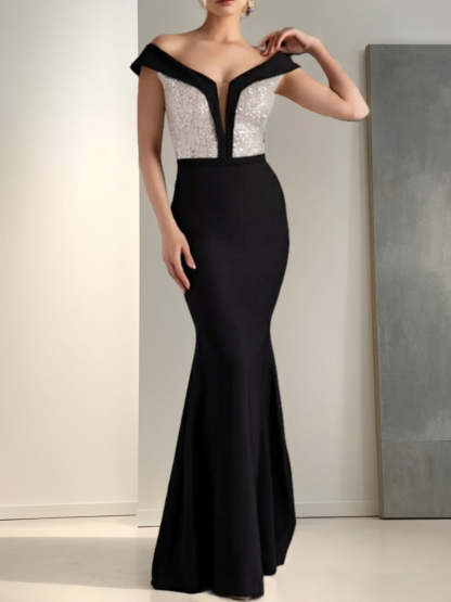 Off-the-Shoulder Floor-Length Sequined Sheath/Column Dresses for Mothers of the Bride & Groom