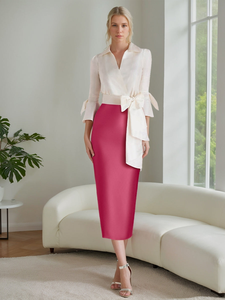 V-Neck 3/4 Sleeve Sheath Dress with Bow Belt for Mother of the Bride & Groom