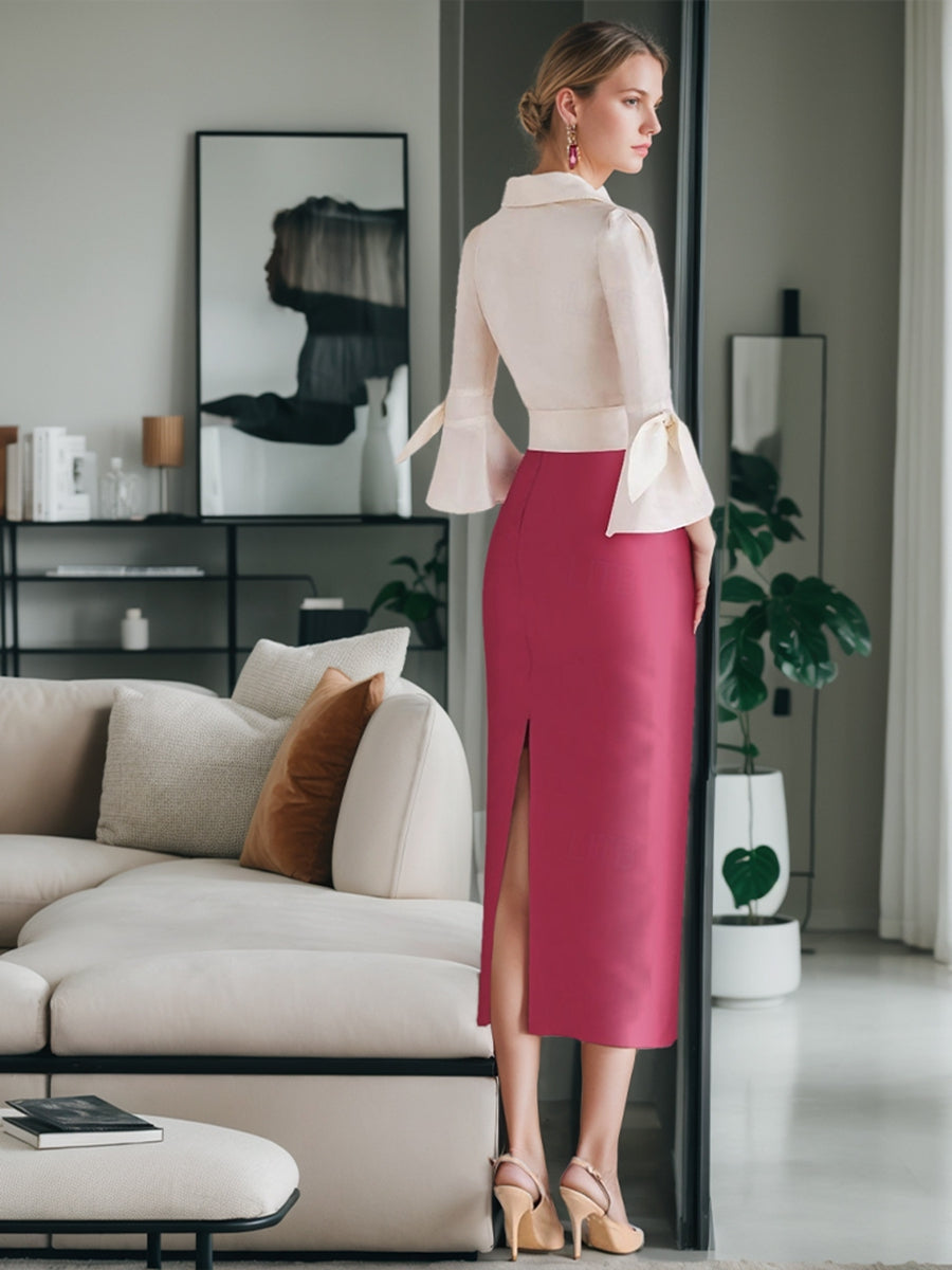 V-Neck 3/4 Sleeve Sheath Dress with Bow Belt for Mother of the Bride & Groom