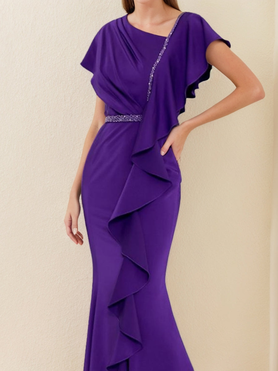 V-Neck Short-Sleeve Sheath Dress with Ruffles and Rhinestones for Mothers of the Bride & Groom