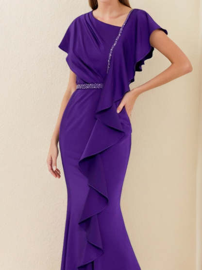 V-Neck Short-Sleeve Sheath Dress with Ruffles and Rhinestones for Mothers of the Bride & Groom