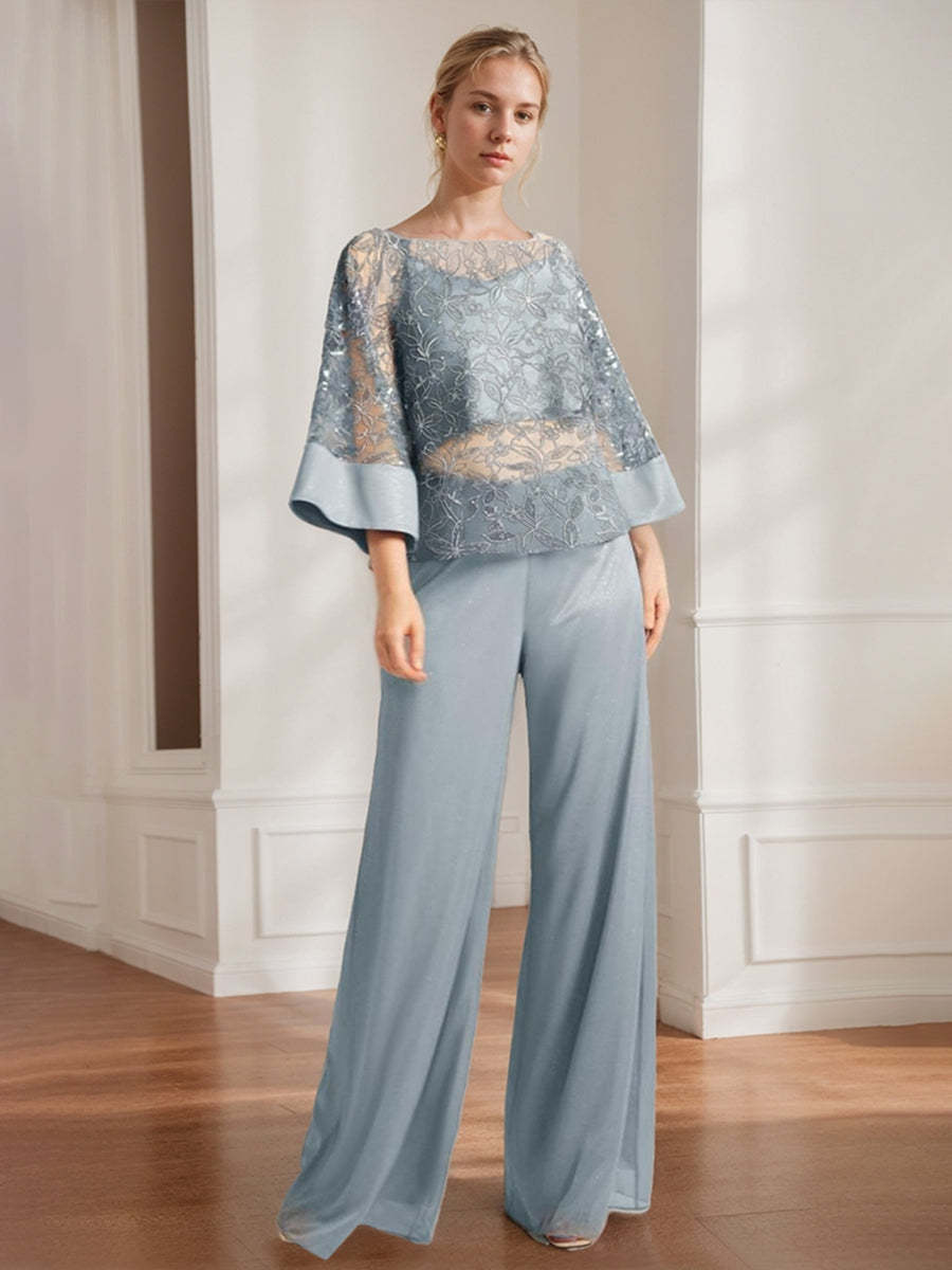 Mother of the Bride 2-Piece Chiffon Pantsuit Featuring Lace Appliques and Sequins