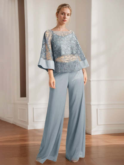 Mother of the Bride 2-Piece Chiffon Pantsuit Featuring Lace Appliques and Sequins