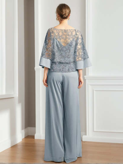 Mother of the Bride 2-Piece Chiffon Pantsuit Featuring Lace Appliques and Sequins