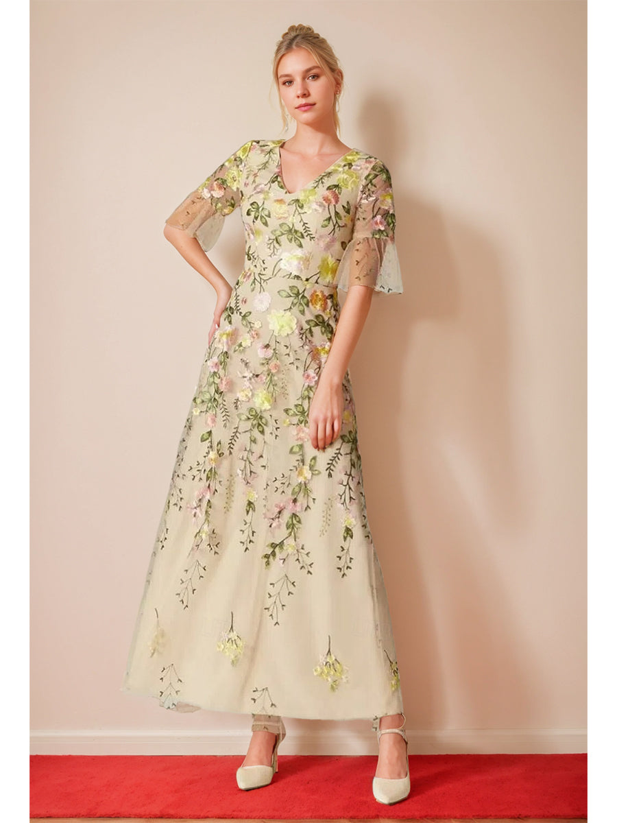 V-Neck Floral A-Line Mother of the Bride Dress with Short Sleeves and Embroidery