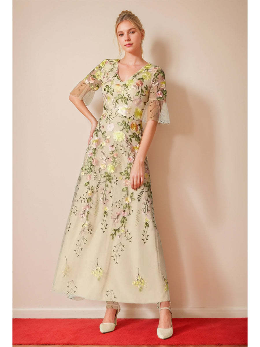 V-Neck Floral A-Line Mother of the Bride Dress with Short Sleeves and Embroidery