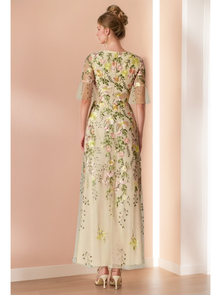 V-Neck Floral A-Line Mother of the Bride Dress with Short Sleeves and Embroidery