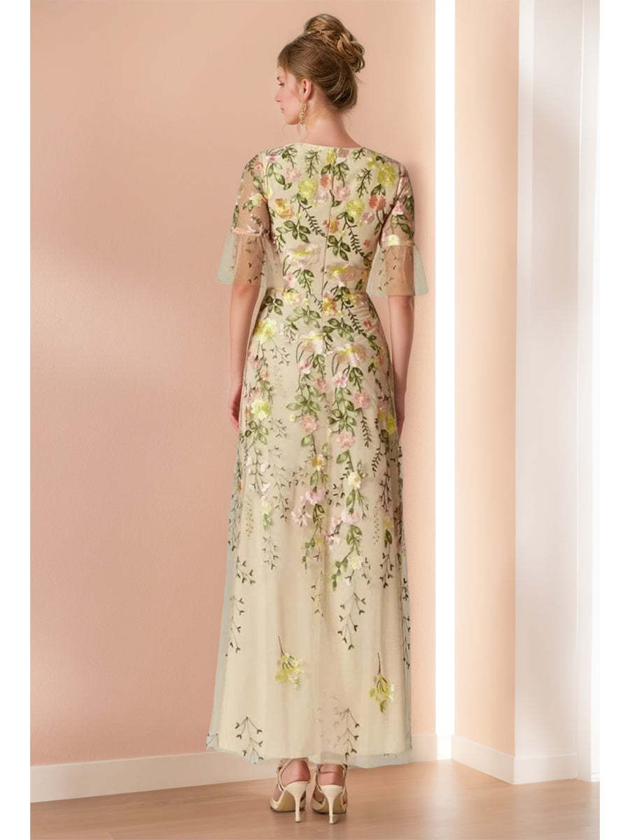 V-Neck Floral A-Line Mother of the Bride Dress with Short Sleeves and Embroidery