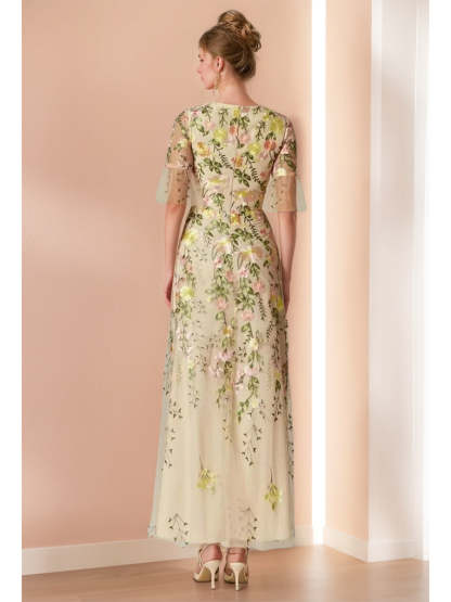 V-Neck Floral A-Line Mother of the Bride Dress with Short Sleeves and Embroidery