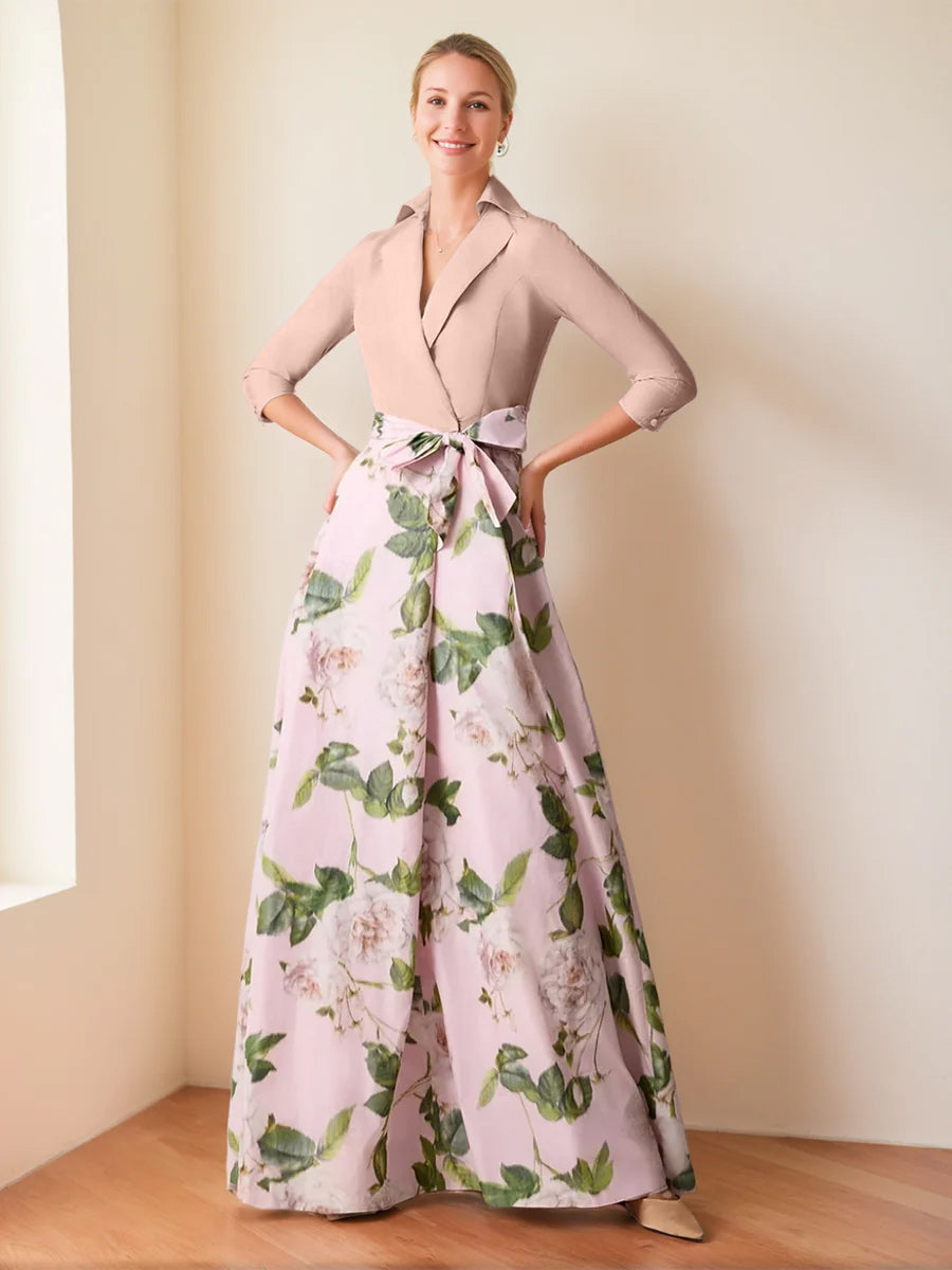 V-Neck Floral Print Mother of the Bride Dress with Bow Belt A-Line/Princess Cut and 3/4 Sleeves-BMbridal