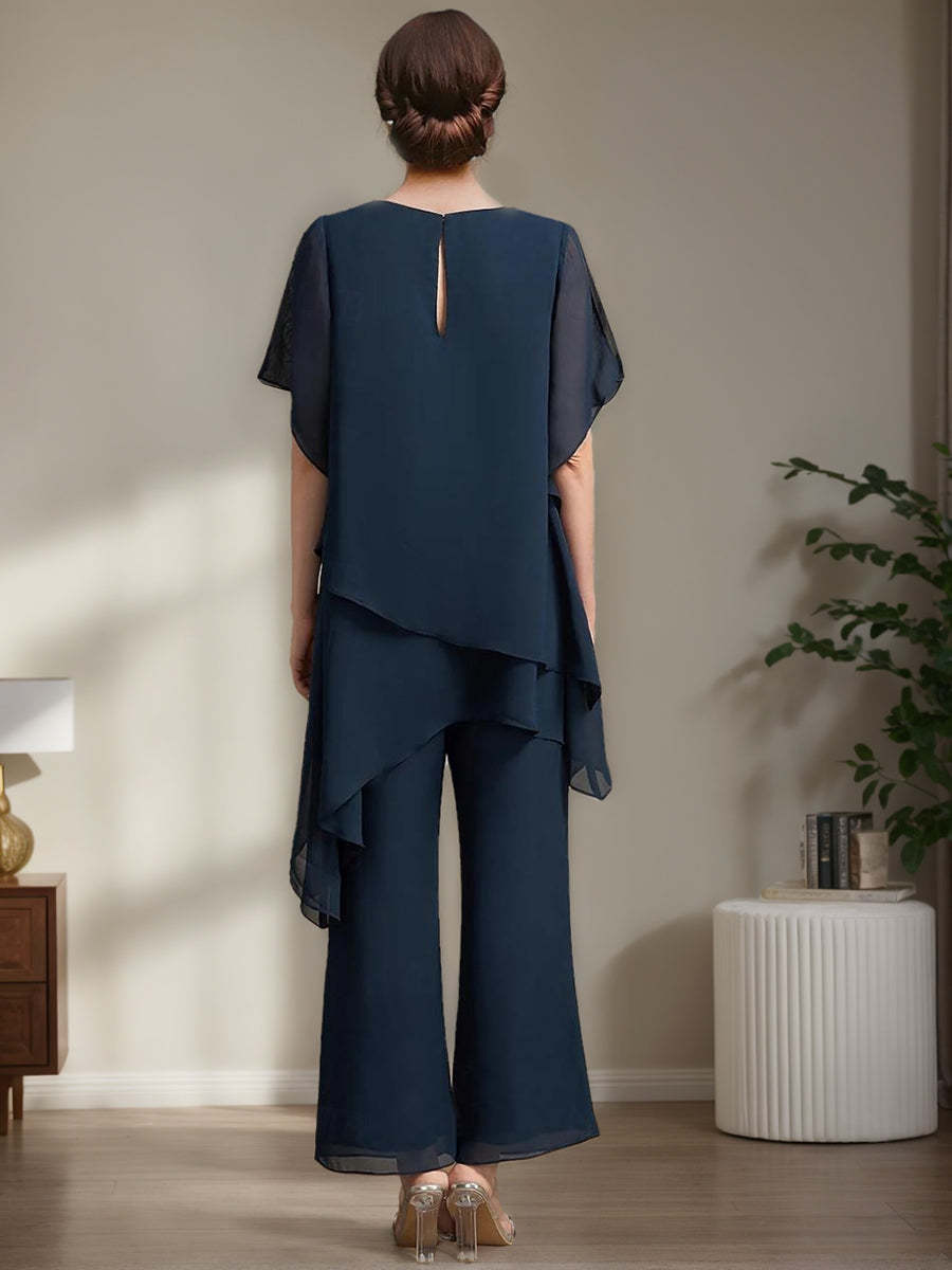 Elegant Round Neck Chiffon Pantsuits for the Mother of the Bride 2-Piece Set with Ruffles