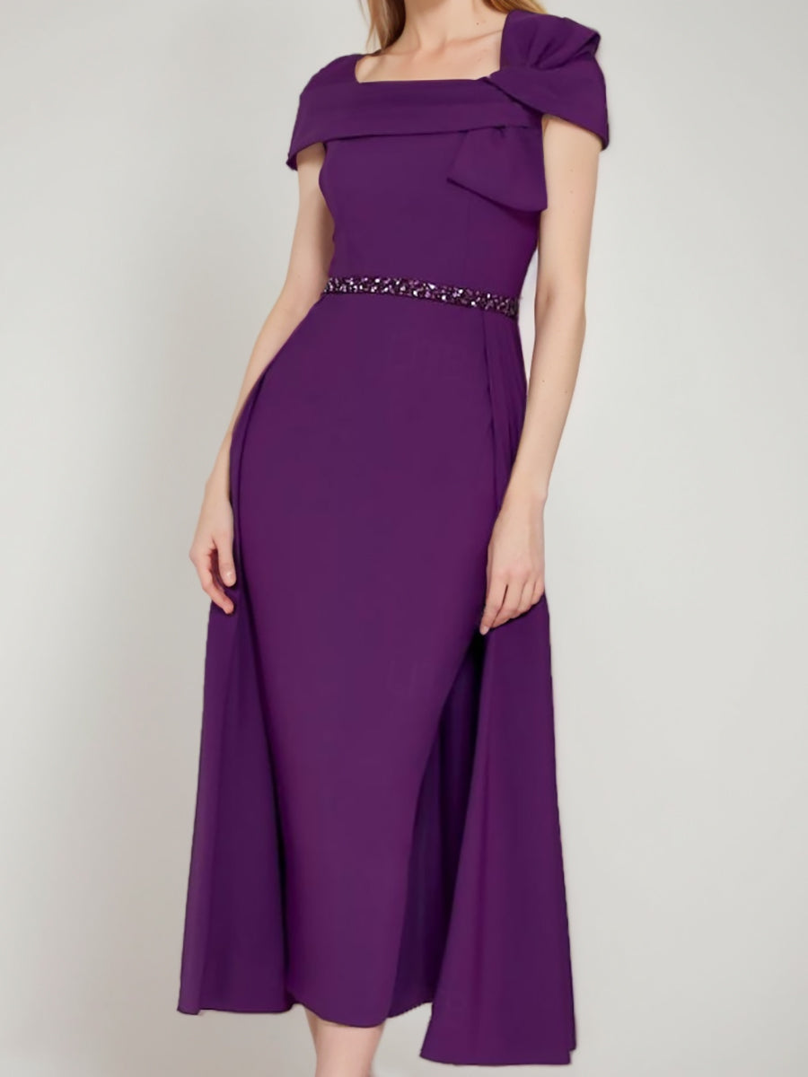 Square Neck Formal Mother of the Bride & Groom Sheath/Column Dresses with Bow and Belt