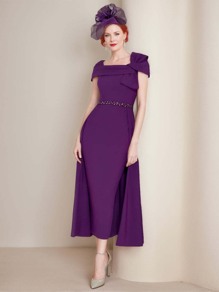 Square Neck Formal Mother of the Bride & Groom Sheath/Column Dresses with Bow & Belt