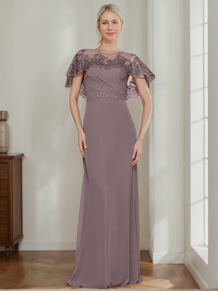 Elegant Jewel Neck Sheath/Column Dress for Mother of the Bride & Groom with Appliques Belt and Beadings-BMbridal.UK