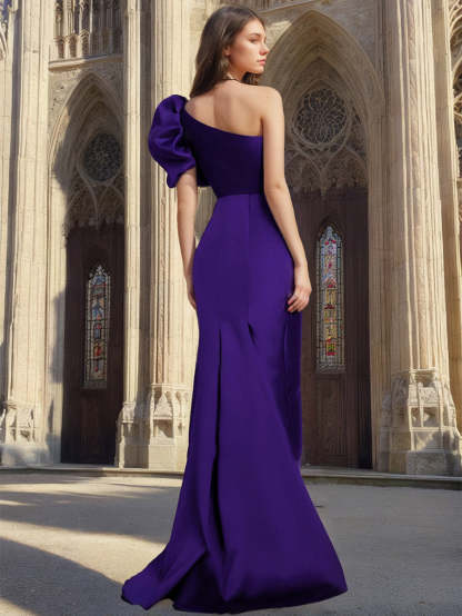 Sophisticated One-Shoulder Asymmetrical Satin Gown for Bridal Mothers Featuring a Bow