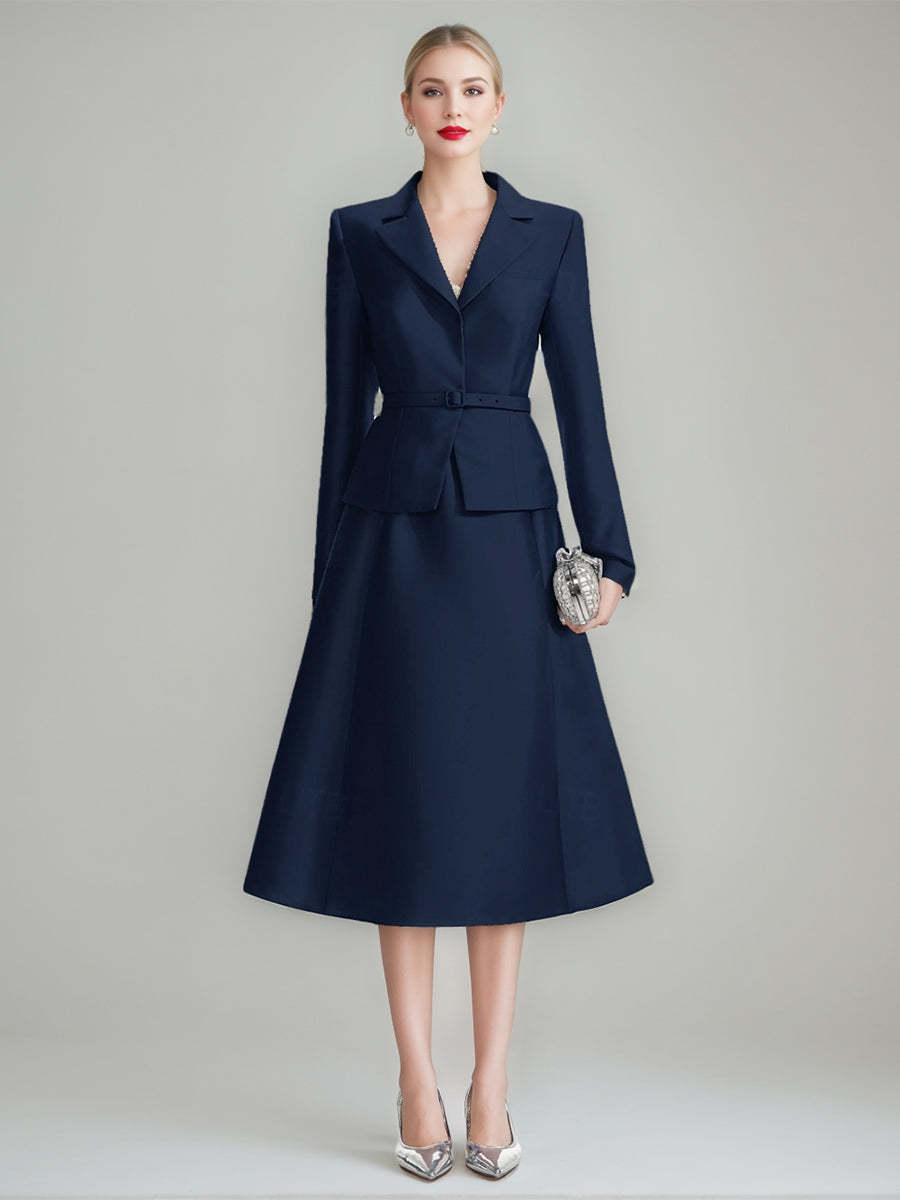 V-Neck A-Line Princess Tea-Length Dress with Long Sleeves and Belt for Mothers of the Bride & Groom