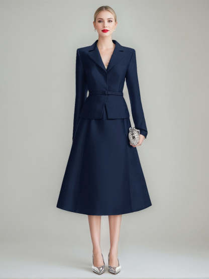 V-Neck A-Line Princess Tea-Length Dress with Long Sleeves and Belt for Mothers of the Bride & Groom