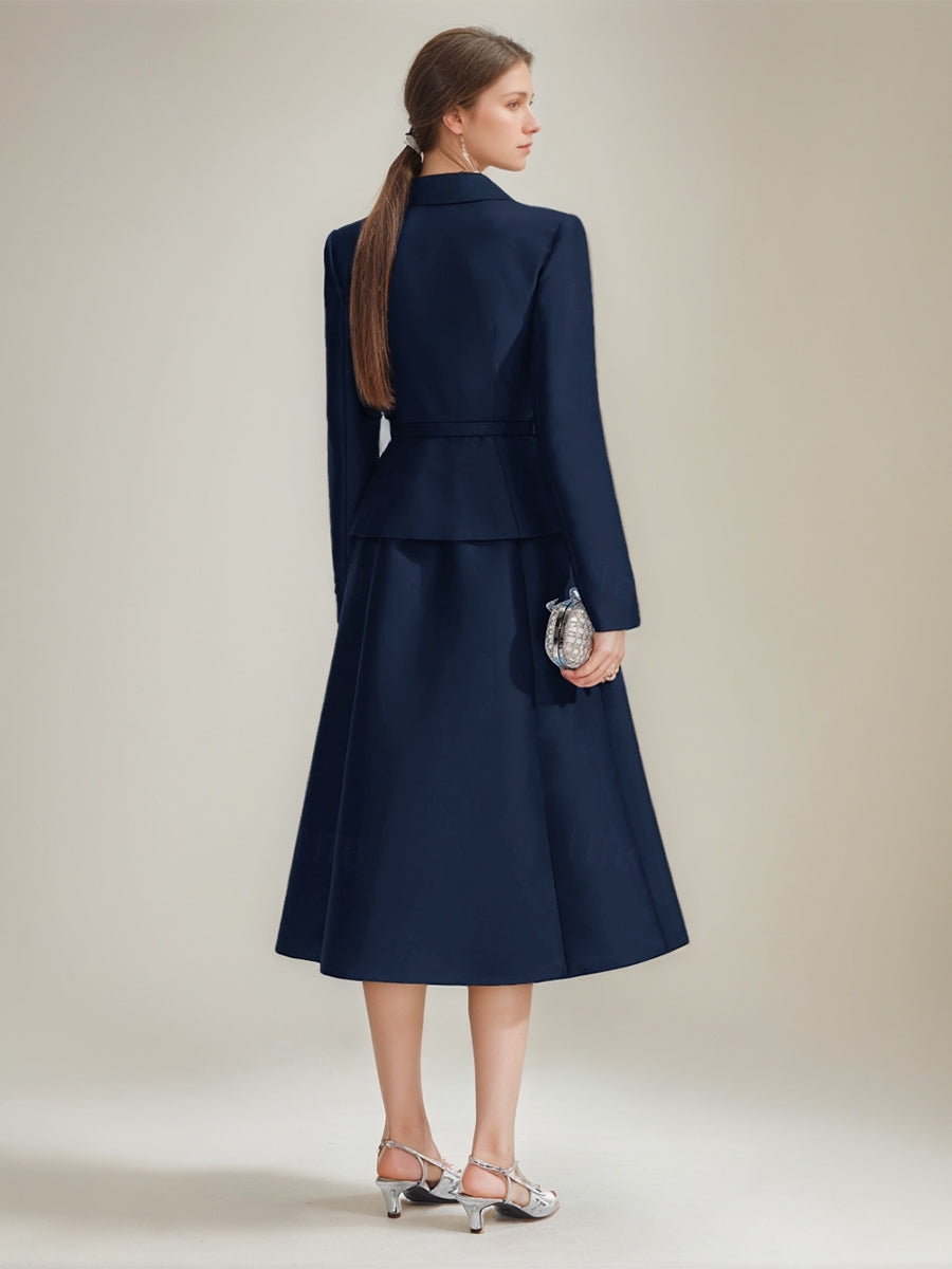 V-Neck A-Line Princess Tea-Length Dress with Long Sleeves and Belt for Mothers of the Bride & Groom