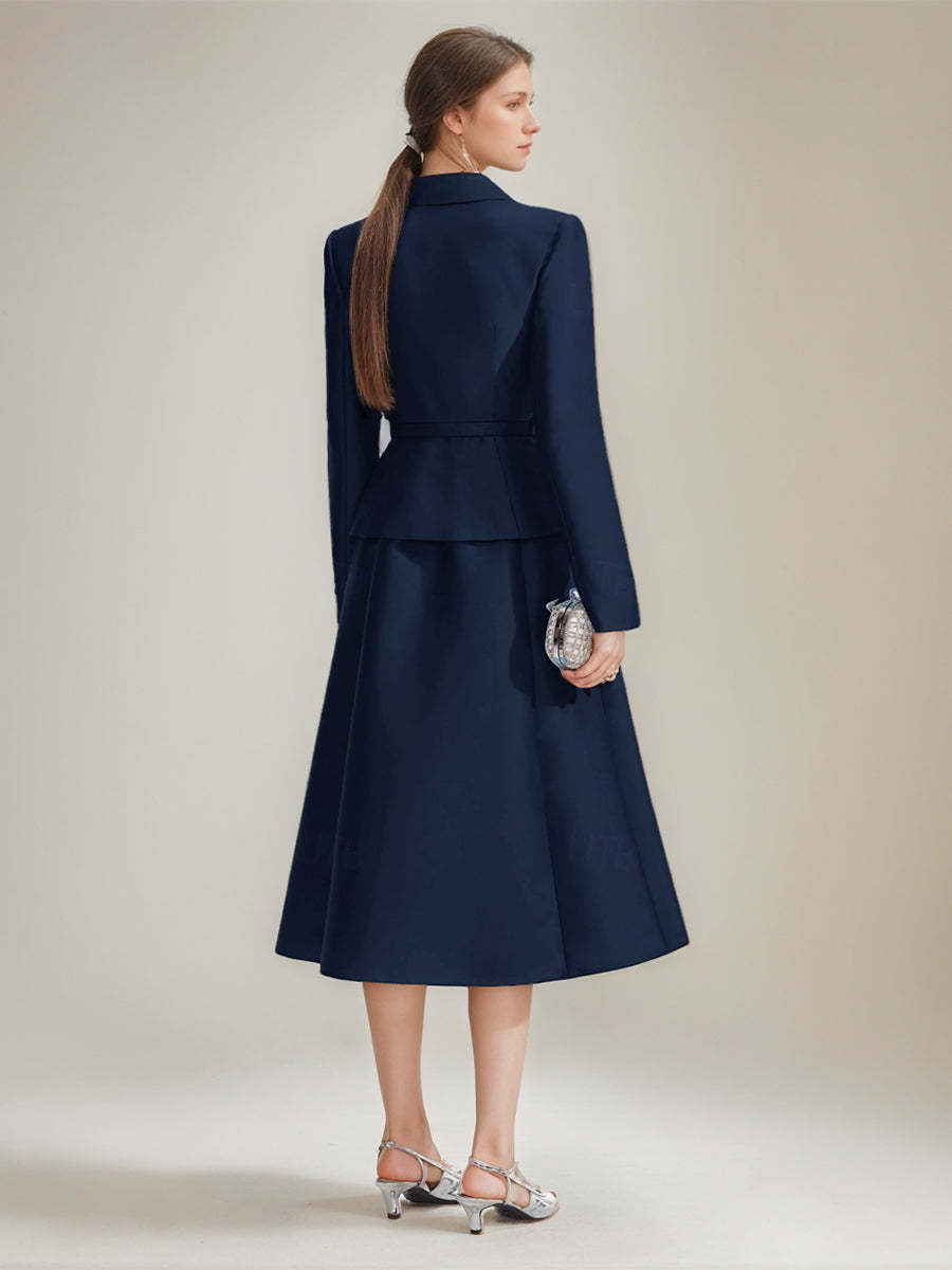 V-Neck A-Line Princess Tea-Length Dress with Long Sleeves and Belt for Mothers of the Bride & Groom