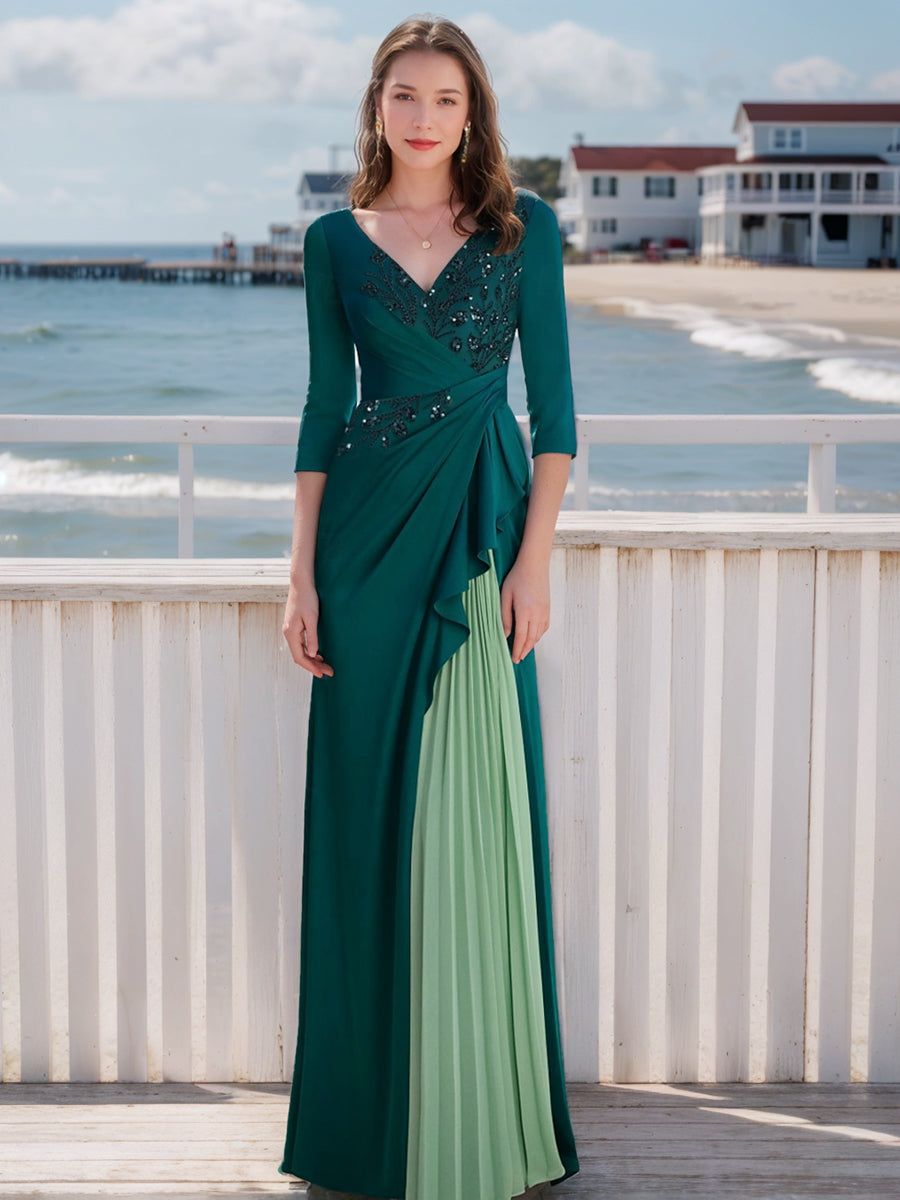 Elegant V-Neck A-Line Princess Gown for Mothers of the Bride & Groom with Long Sleeves Ruffles and Appliques-BMbridal.UK