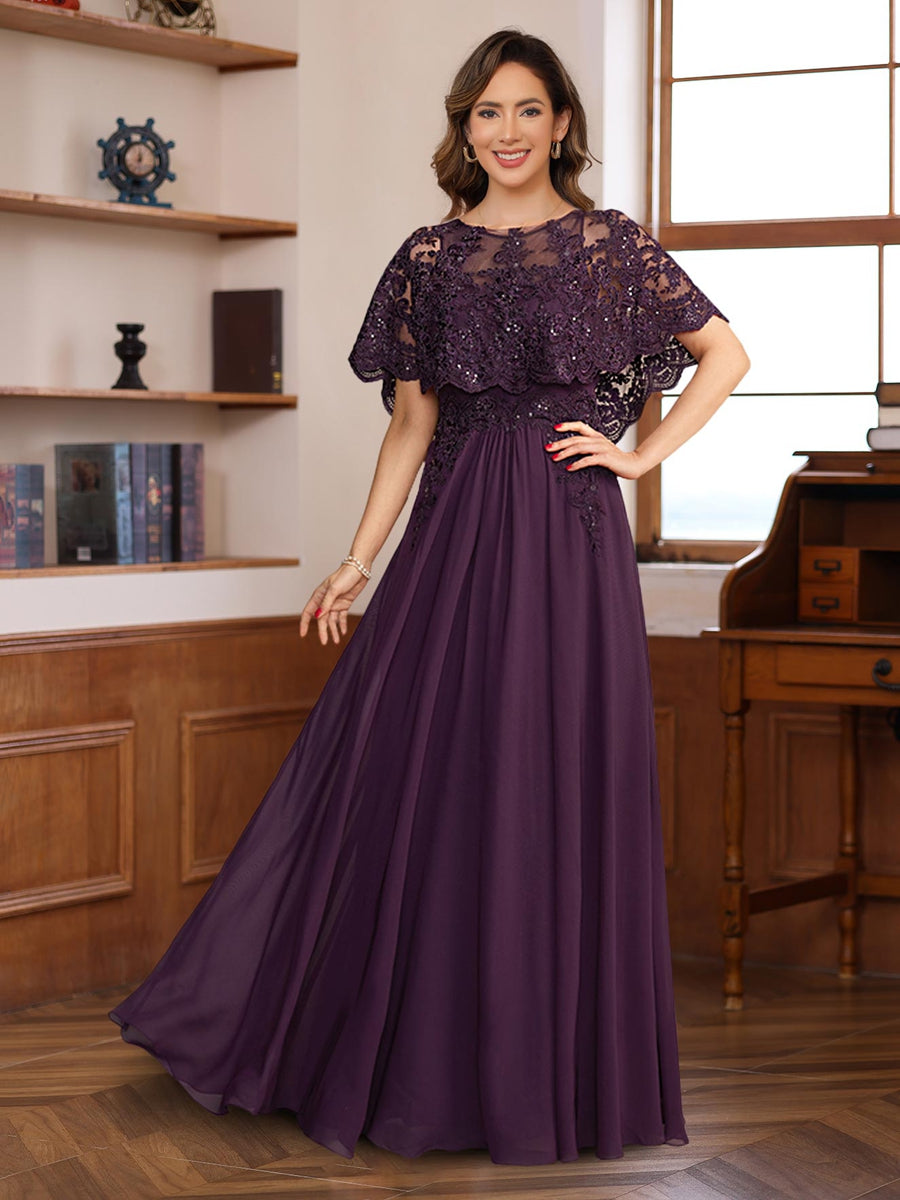Elegant Floor-Length A-Line Princess Mother of the Bride & Groom Dresses with Round Neck and Lace Appliques-BMbridal.UK