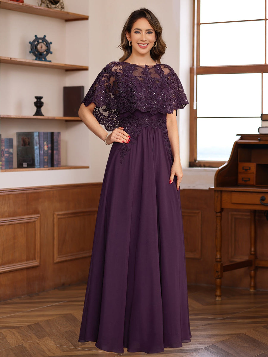 Elegant Floor-Length A-Line Princess Mother of the Bride & Groom Dresses with Round Neck and Lace Appliques-BMbridal.UK