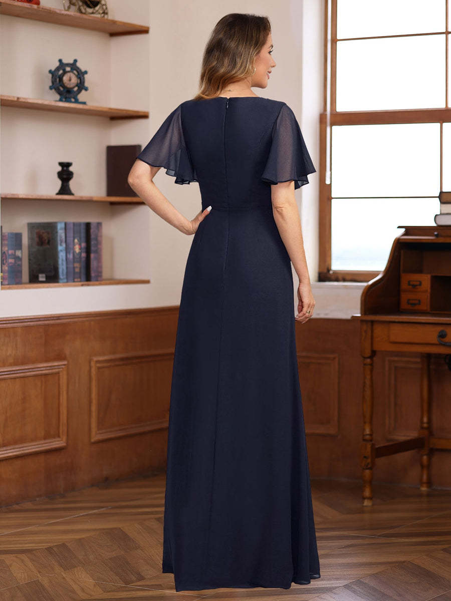V-Neck A-Line Chiffon Dress with Short Sleeves Ruffles & Appliques for the Mother of the Bride or Groom-BMbridal.UK
