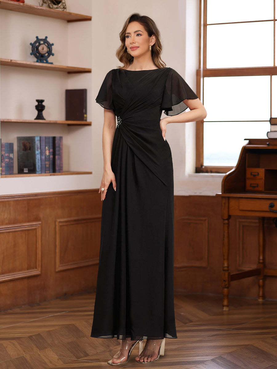 Pleated A-Line Mother of the Bride & Groom Dress with Scoop Neck Half Sleeves and Beadings
