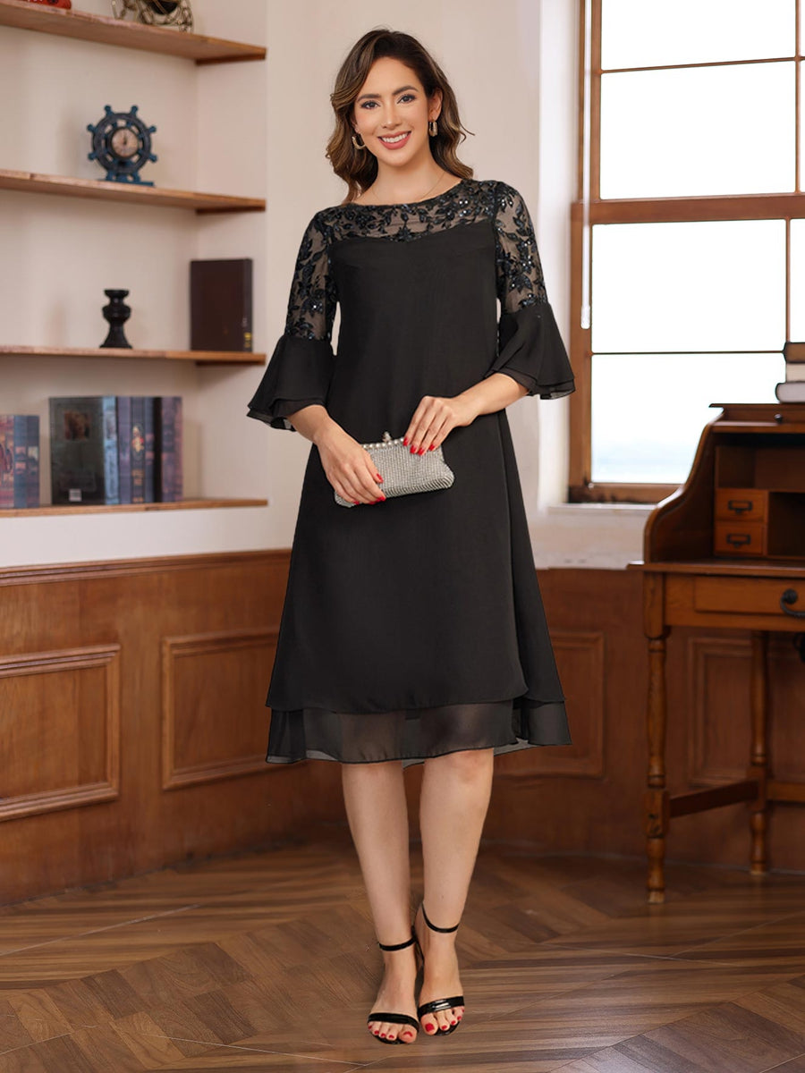 Knee-length A-line Princess Dress with Round Neck Half Sleeves Lace Appliques and Ruffles for Mothers of the Bride & Groom-BMbridal.UK